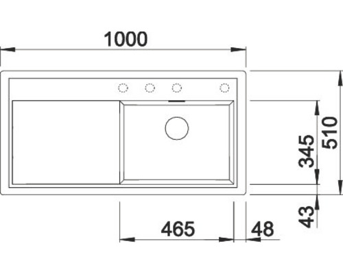 Technische Zeichnung einer Spüle mit Maßangaben