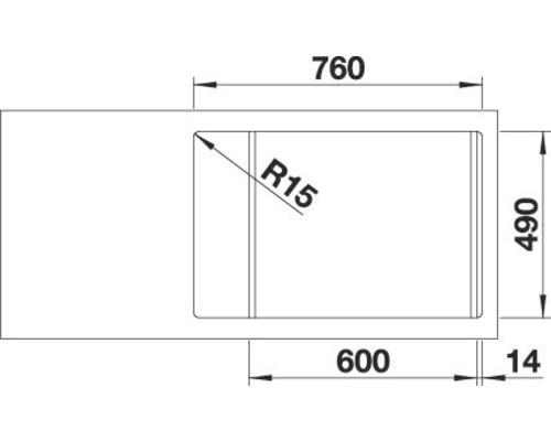 Technische Zeichnung einer Spüle mit den Maßen 760 x 490 Millimeter