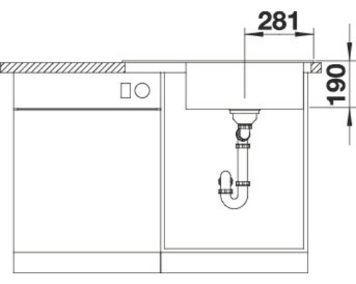 Skizze einer Spüle mit Unterschrank und Maßangaben