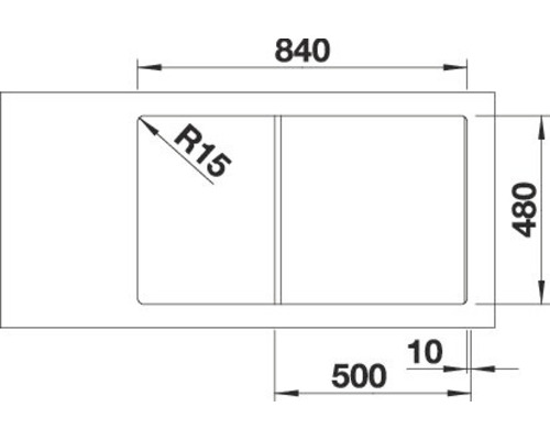 Schéma technique d''un évier avec les dimensions 840, 480, 500 et un rayon d''angle de 15.