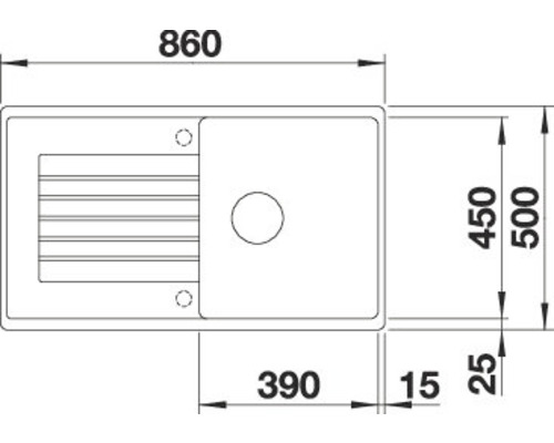Zeichnung einer Spüle mit den Maßen 860 x 500 Millimeter.