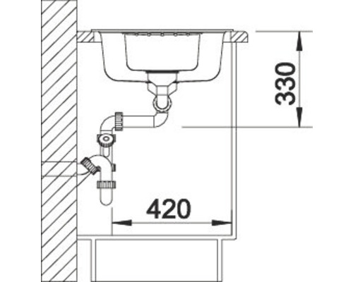 Technische Zeichnung einer Spüle mit Abmessungen 330 und 420 Millimeter.