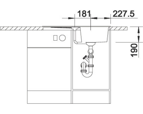 Technische Zeichnung eines Spülbeckens mit Maßangaben für den Einbau
