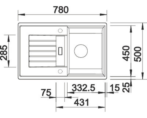 Technische Zeichnung einer Küchenspüle mit Maßangaben