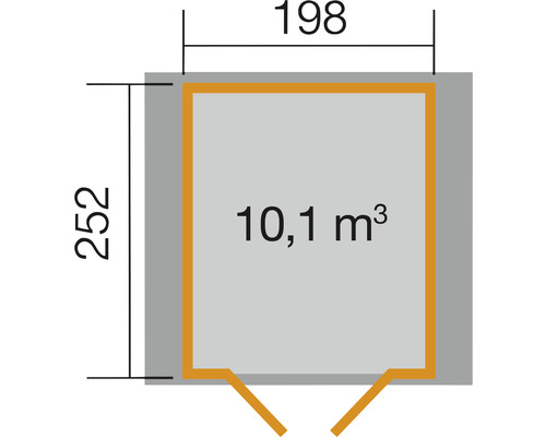 Plan avec les dimensions 198 x 252 et un volume de 10,1 mètres cubes