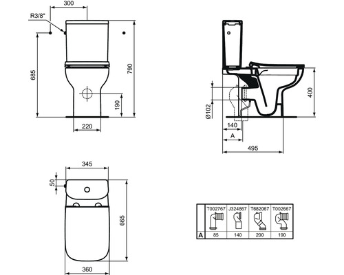 Technische Zeichnung eines WCs mit Maßangaben.