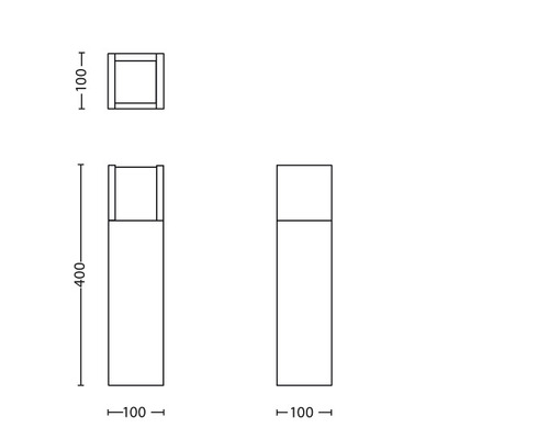 Technische Zeichnung einer Pollerleuchte mit den Maßen 400 x 100 x 100 Millimeter.
