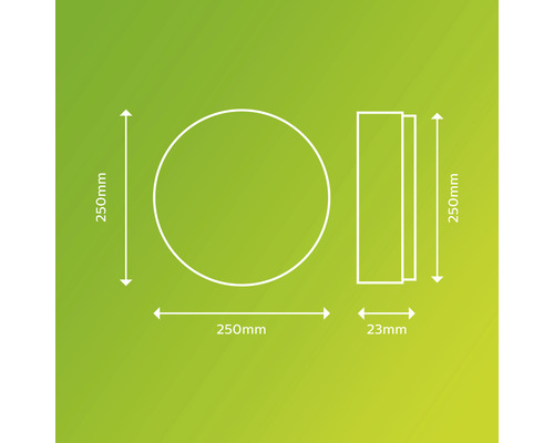Technische Zeichnung einer runden Leuchte mit den Maßen 250 Millimeter Durchmesser und 23 Millimeter Tiefe