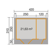 Plan d''un abri de jardin avec indications de dimensions.