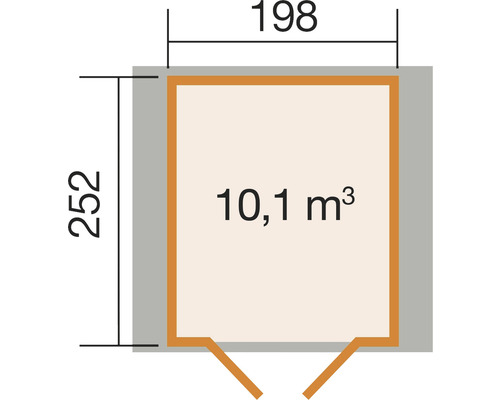 Plan d''un abri de jardin mesurant 198 sur 252 centimètres et d''un volume de 10,1 mètres cubes