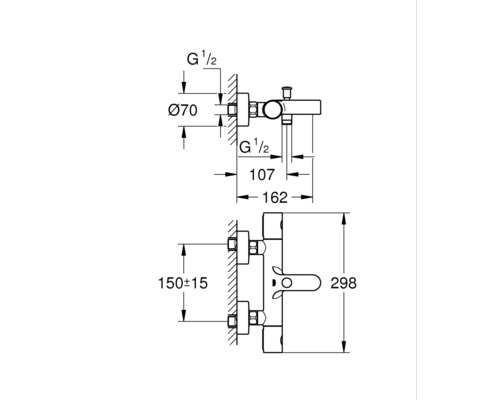 Maßzeichnung einer Armatur mit Wandanschluss und verschiedenen Maßangaben