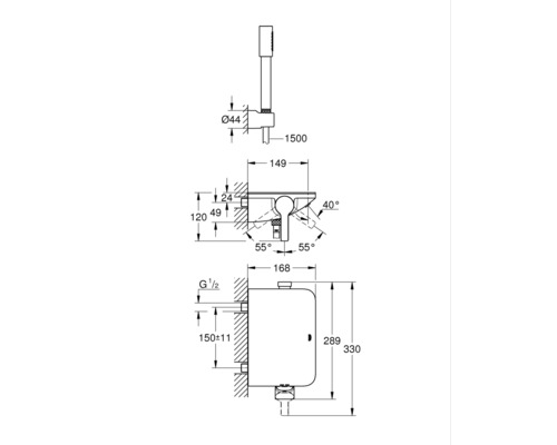 Schéma coté d''une douche avec les dimensions en millimètres