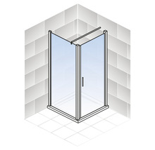 Douche d''angle avec porte en verre et cadre
