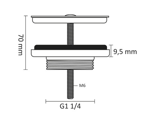 Schéma technique d''une soupape de vidange avec les dimensions suivantes : hauteur de 70 mm, épaisseur du joint de 9,5 mm, filetage M6 et G 1 1/4