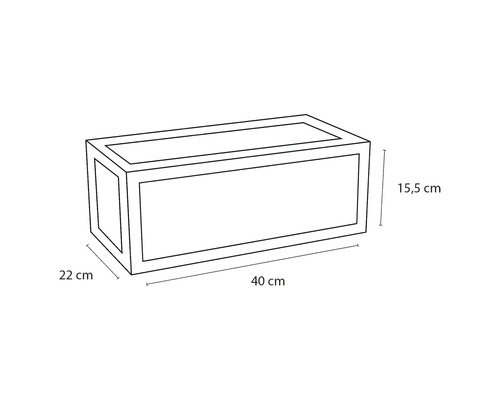 Illustration d''une jardinière avec les dimensions 40, 22 et 15,5 centimètres.