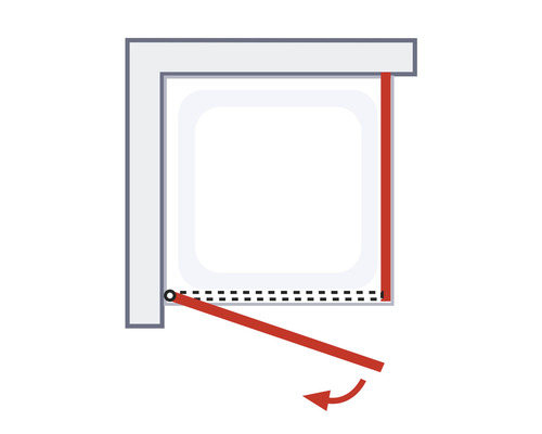 Illustration einer Duschkabine mit Schwingtür, die nach aussen geöffnet ist