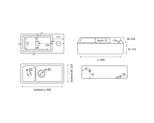 Dessin d''un lavabo avec dimensions