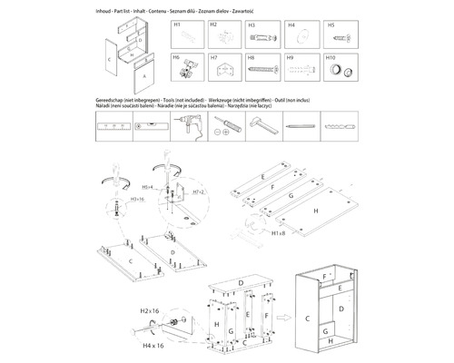 Instructions de montage illustrées pour meubles avec liste de pièces et aperçu des outils