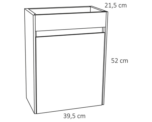 Schéma d''un meuble bas de salle de bains avec des dimensions de 21,5 cm de profondeur, 52 cm de hauteur et 39,5 cm de largeur.