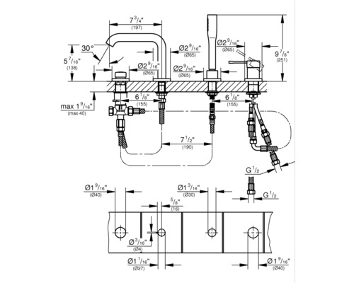 Schéma technique d''un robinet de salle de bain avec les dimensions d''installation