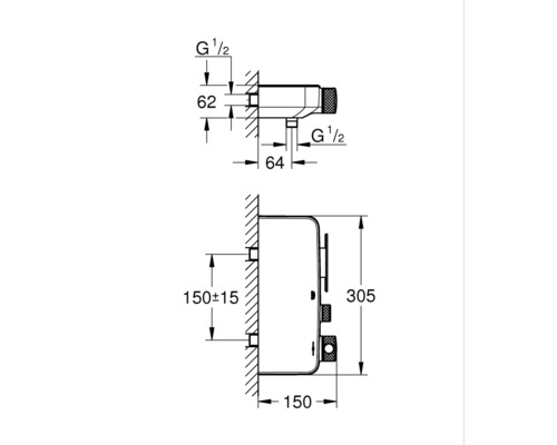Dessin technique d''un robinet de douche avec les dimensions pour l''installation.