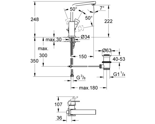 Schéma technique d''un robinet de lavabo avec indications de dimensions