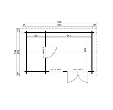 Grundrisszeichnung eines Gartenhauses mit Maßangaben