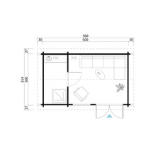 Grundriss eines Gartenhauses mit Wohnzimmer und Badezimmer mit Maßen