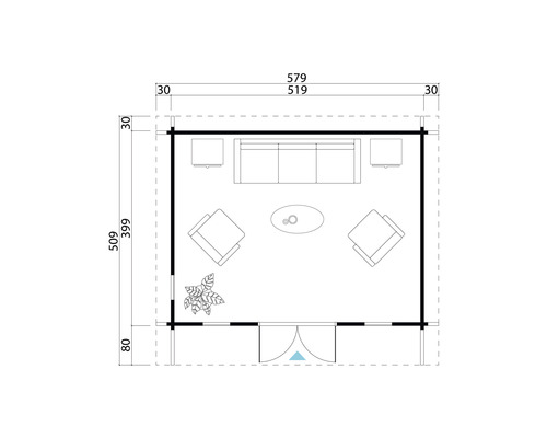 Grundriss eines Gartenhauses mit Wohnzimmermöbeln und Bepflanzung