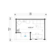 Grundrisszeichnung eines Gartenhauses mit Möbeln und Maßangaben