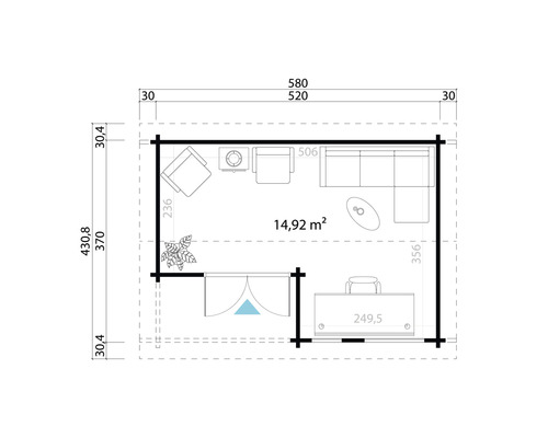 Grundrisszeichnung eines Gartenhauses mit Möbeln und Maßangaben
