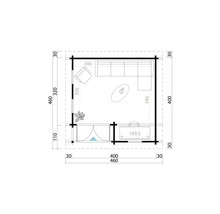 Grundriss eines Gartenhauses mit Möbeln und Bemaßungen.