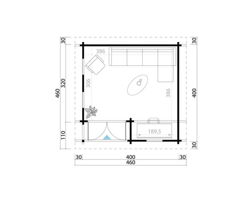 Grundriss eines Gartenhauses mit Möbeln und Bemaßungen.