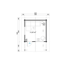 Grundrisszeichnung eines Gartenhauses mit Möbeln und Abmessungen.