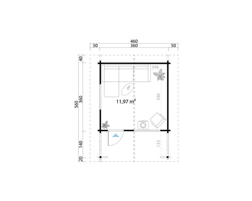 Grundrisszeichnung eines Gartenhauses mit Möbeln und Abmessungen.