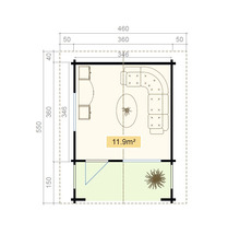 Grundriss eines Gartenhauses mit Möbeln und Maßangaben