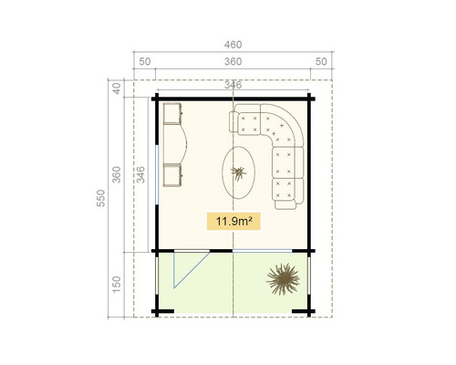Grundriss eines Gartenhauses mit Möbeln und Maßangaben