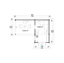 Grundrisszeichnung eines Gartenhauses mit Größenangaben