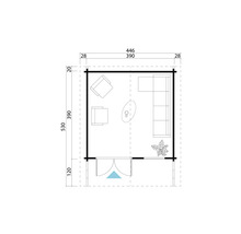 Grundriss einer Gartenlaube mit Möbeln und Maßangaben