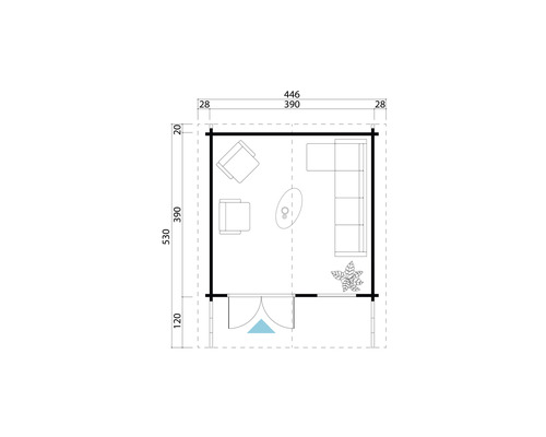 Grundriss einer Gartenlaube mit Möbeln und Maßangaben