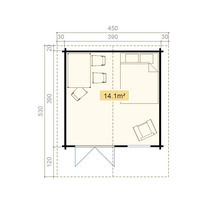Grundrisszeichnung eines Gartenhauses mit Möbeln und Größenangaben.