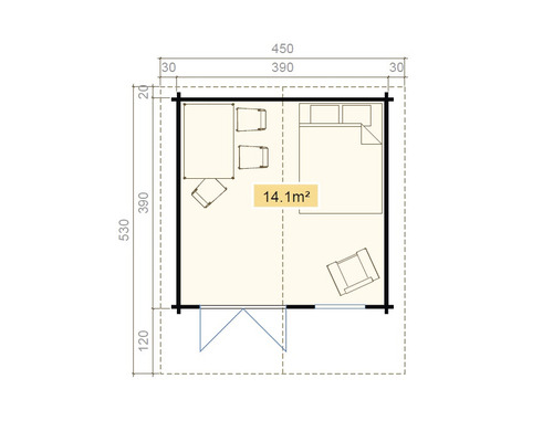 Grundrisszeichnung eines Gartenhauses mit Möbeln und Größenangaben.