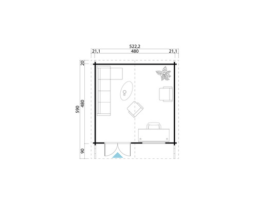 Grundriss eines Gartenhauses mit Möbeln und Maßangaben