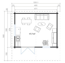 Grundriss eines Gartenhauses mit Möbeln und Abmessungen.
