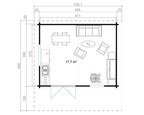 Grundriss eines Gartenhauses mit Möbeln und Abmessungen.