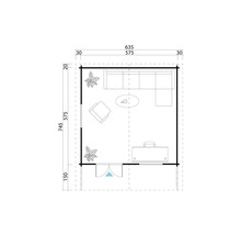 Grundrisszeichnung eines Gartenhauses mit Möbeln und Bepflanzung