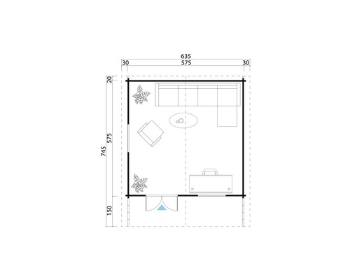 Grundrisszeichnung eines Gartenhauses mit Möbeln und Bepflanzung