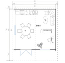 Grundriss eines Gartenhauses mit Küche, Essbereich und Wohnzimmer