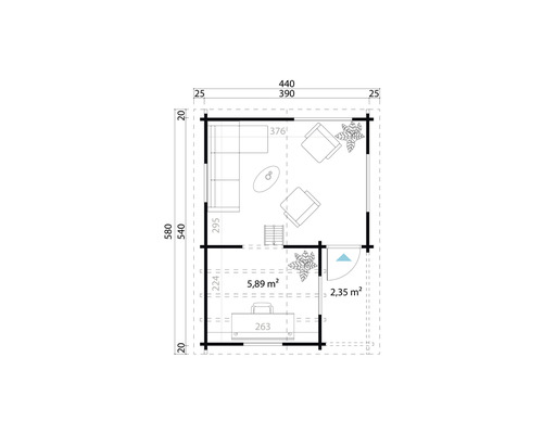 Grundriss eines Gartenhauses mit Maßen und Einrichtung