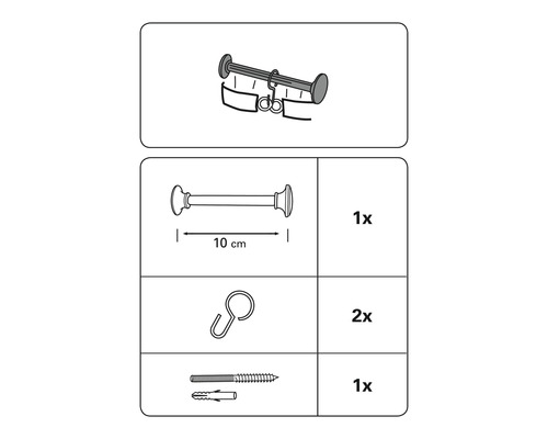 Abbildung der Bestandteile einer Gardinenstange: Stange, Halterung, Haken und Schrauben